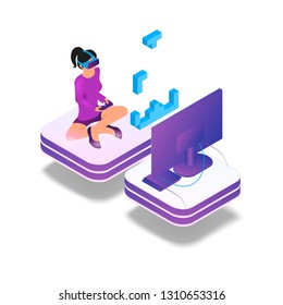 Isometric Image Gaming in Virtual Reality in 3d. Vector Illustration Girl Play Video Game on TV Using Virtual Reality Glasses and Game Joystick. Technology Future Entertainment Industry.
