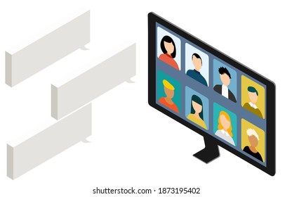 Isometric, image illustration of having a conversation at an online meeting