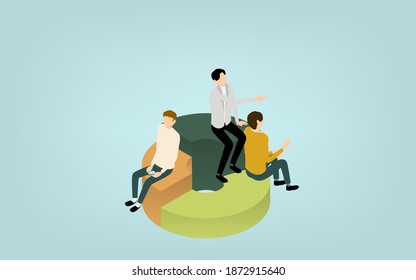 Isometric, image illustrations of people sitting on a pie chart