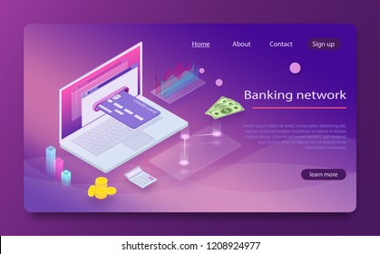 Isometric image laptop Bank card. Concept mobile payments, personal data protection. Concepts mobile payments, personal data protection. E-payments on laptop using financial apps. E-commerce. 