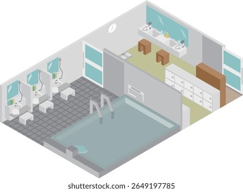 Imagen isométrica de un Grande baño público en un hotel