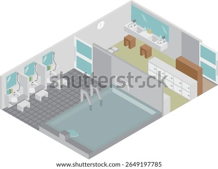 Isometric image of a large public bath in a hotel