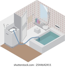 Isometric image of leftover bath water being reused in a washing machine