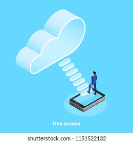 isometric image, a man in a business suit climbs the steps from the smartphone to the cloud