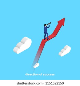isometric image, a man in a business suit looks in a telescope standing on a red arrow tending upwards