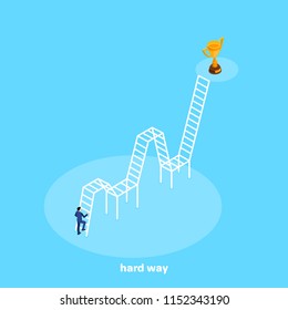 an isometric image, a man in a business suit climbing the staircase to the winner's cup