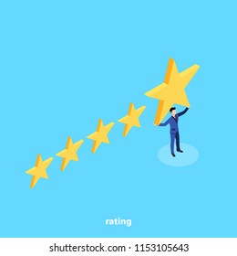 isometric image, a man in a business suit holds the biggest fifth gold star on a blue background