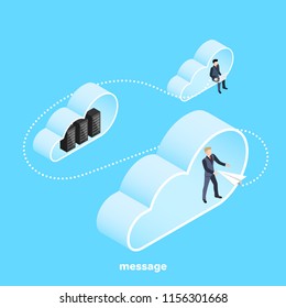 isometric image, a man in a business suit stands in the cloud and catches a message in the form of a paper airplane