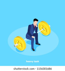 isometric image, a man in a business suit sits on a bar of gold coins
