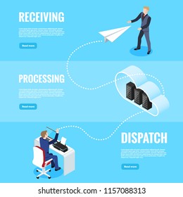 isometric image, a man in a business suit stands in the cloud and catches a message in the form of a paper airplane