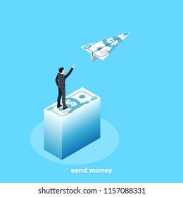 isometric image, a man in a business suit stands on a high pile of money and launches an airplane out of a cash bill