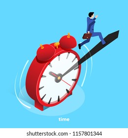 an isometric image, a man in a business suit runs along the protruding border of a red alarm clock standing on a blue background