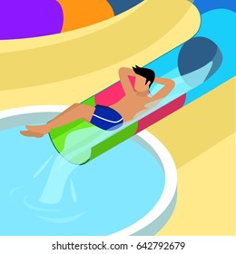 Isometric image. A man is riding in a water park, aquapark, on a water slide