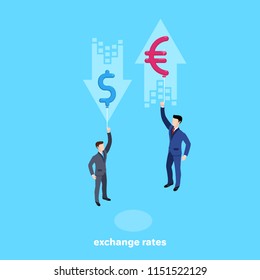 isometric image, men in business suits hang on balls in the form of a currency badge, the fall and growth of the euro and the dollar