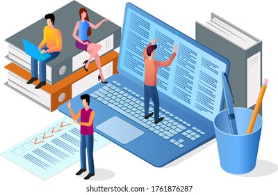 Isometric image of office work.A metaphor for teamwork.People do paperwork.A symbol of team, partnership, and collaboration.People laptop and office supplies.