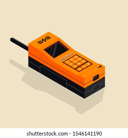 Isometric image of an old retro button cellphone.