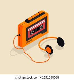 Isometric image of an old retro cassette player with headphones. 