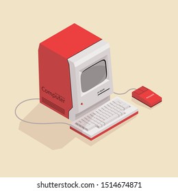 Isometric image of an old retro computer.