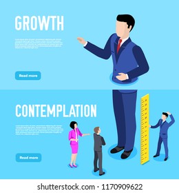 isometric image on a blue background, men and a woman in business clothes stand near a giant human size, a template for a lending