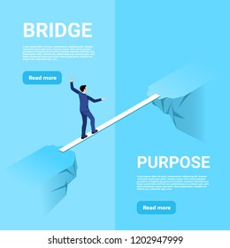 isometric image on a blue background, a man in a business suit walks along a thin bridge through the gap between the rocks, to overcome obstacles