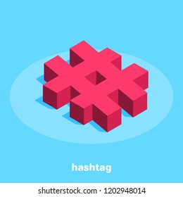 isometric image on a blue background, red hashtag icon for social networks