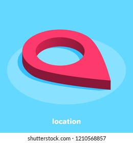 Isometric image on a blue background, a big red location sign, map and site.