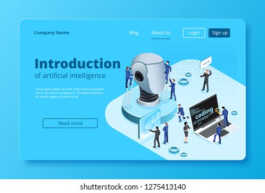 isometric image on a blue background, men in business suits are developing an artificial intellekt, design landing