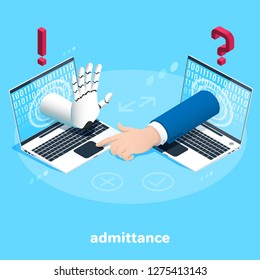 isometric image on a blue background, the hands of a robot and a person from a laptop screen, an exclamation and question mark, a ban on access and admittance