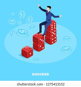 isometric image on a blue background, a man in a business suit sitting on a large red game dice, financial luck