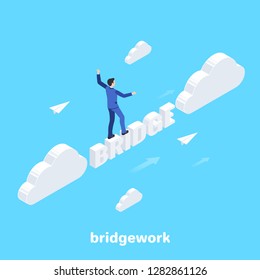 isometric image on a blue background, a man in a business suit walks over a bridge of letters, between clouds, business success