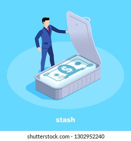 isometric image on a blue background, a man in a business suit stands next to an open tin can filled with money