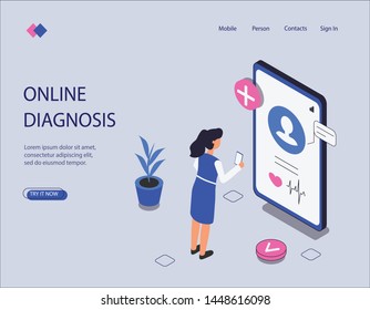 Isometric image on a blue background online diagnosis. Visualization of the consultation, the patient talks to the doctor on a mobile phone. Vector illustration, web banner and infographics.