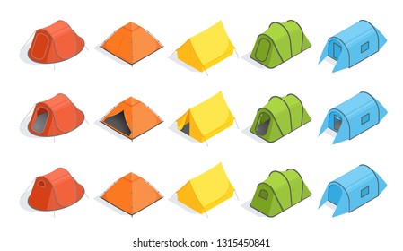 isometric image on white background, types of camping tents, set of images