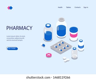 Isometric image on a white background of the pharmacy. Means of therapy, the concept of health care, visualization of drugs and medicines. Vector illustration, used for banner, infographics.