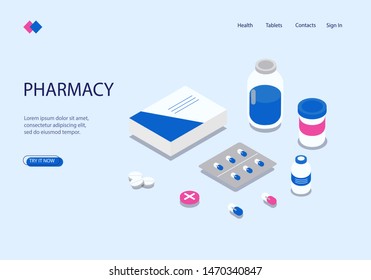 Isometric image on a white background of the pharmacy. Visualization of packaging with tablets, medicines, boxes for medicines. Vector illustration.