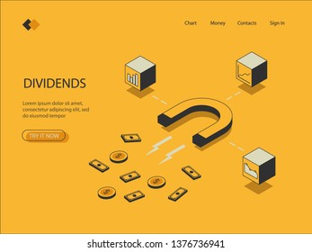 Isometric image on a yellow background of receiving dividends, visualization of charts, graphs and financial instruments, vector.