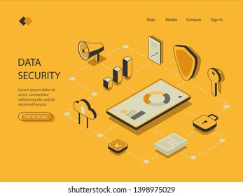 Isometric image on a yellow background the concept of data security. Visualization of mobile phone with diagrams on the screen, financial report, lock with key. Vector illustration.