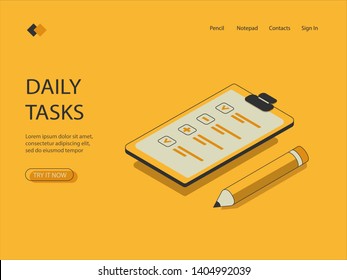 Isometric image on a yellow background of a check-sheet with a pencil, visualization of the check on the list of daily duties, vector. Can be used for banner, infographic.