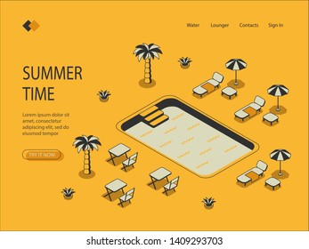 Isometric image on yellow background of summer vacation. Visualization of the recreation area by the pool, sun loungers, palm trees, tables. Can be used on banners, infographics. Vector illustration.