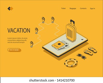 Isometric image on yellow background of vacation trip. Visualization on the screen of the mobile phone passport with tickets, suitcase, travel route. Vector illustration.