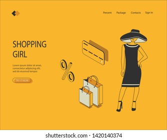 Isometric image on a yellow background of a girl shopping. Visualization of a girl in a hat with packages, credit card, discounts on purchases, glamorous lady. Vector illustration.