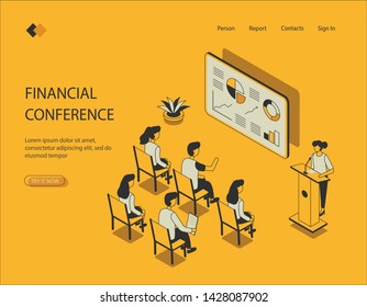 Isometric image on the yellow background of the conference. Visualization of the conference room, the screen shows graphs and diagrams, the girl with the report. Vector illustration.