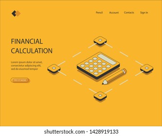 Isometric image on a yellow background of a calculating machine. Visualization of the calculator with a pencil, graphic objects. To use the infographic on the web sites. Vector illustration.