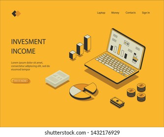 Isometric image on yellow background of investment income. Visualization of financial report, data analysis, notebook with charts, investment and income generation. Vector illustration.
