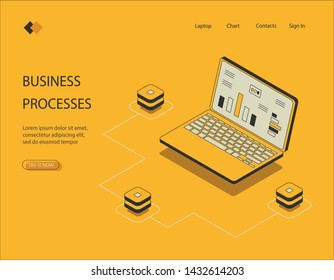 Isometric image on yellow background of business process. Laptop visualization with diagrams, data analysis, graphic objects can be used on the banner and in infographics. Vector illustration.
