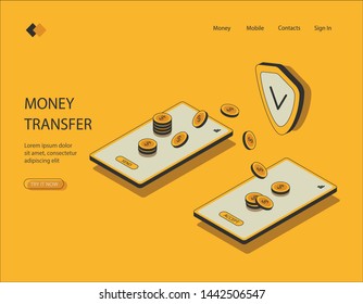 Isometric image on yellow background of money transfer. Visualization of the transfer of funds, online payments through mobile banking, the security of data transmission. Vector illustration.