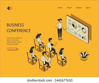 Isometric image on yellow background of business conference. Visualization of the conference room, the screen shows graphs and charts, the girl analyzes the data. Vector illustration.
