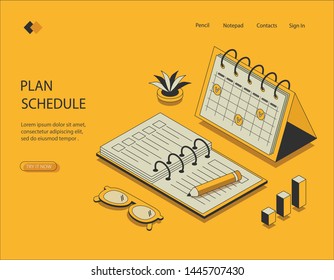 Isometric image on the yellow background of the concept of planning. Visualization of a notebook with a pencil, drawing up a plan, flower cleans the air in the office. Vector illustration.