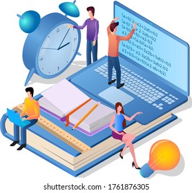Isometric image of online education.Online course.Getting an education via the Internet.Distance learning.online conference.It can be used for web design or web banner.