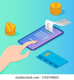 Isometric image of online payment using a smartphone.Concept of money transfer and mobile wallet.Online banking and online purchases.